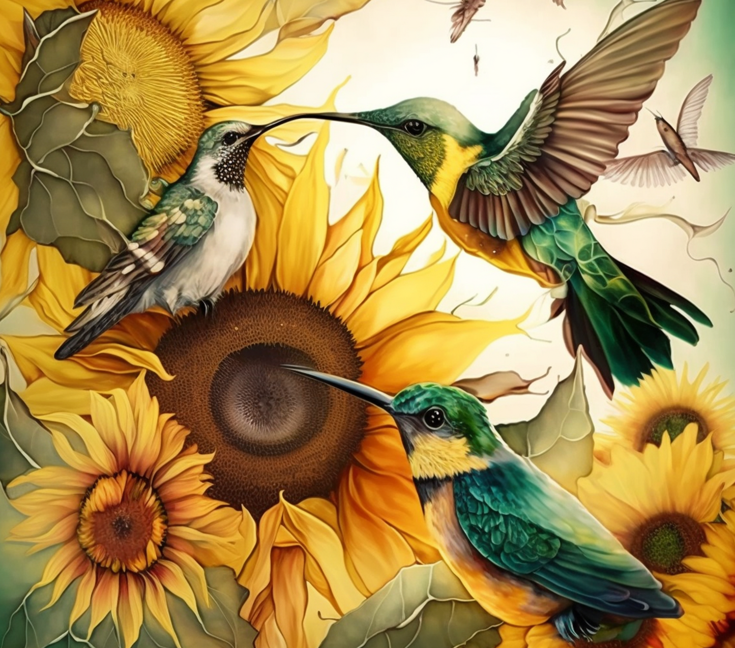 Humming Birds in a Field of Sunflowers